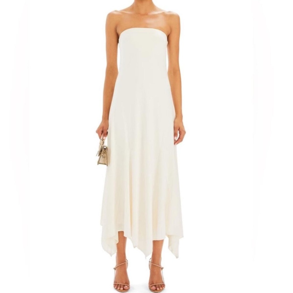 SER.O.YA Strapless Cream Handkerchief-Hem Midi Dress